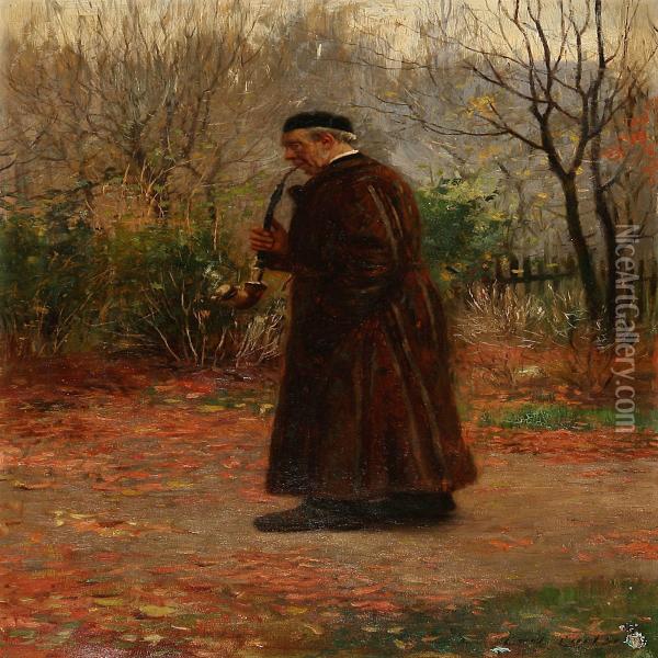 An Elderly Man Smokes Pipe On His Walk Oil Painting - Carl Christian E. Carlsen