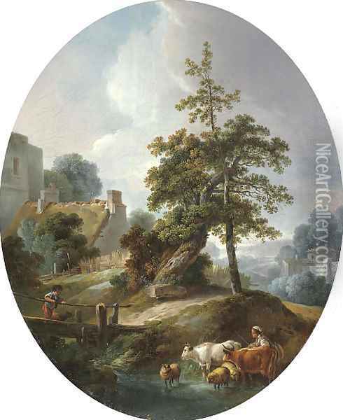 Landscape with a young boy and a shepherdess with cows and sheep Oil Painting - Jean-Baptiste Huet
