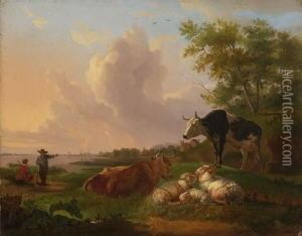 Hirten Mit Kuhen Und
 Schafen Oil Painting - Sebastian Habenschaden