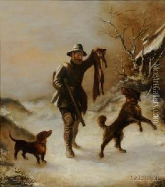 Huntsman With Fox And Hounds In Winter. Oil Painting - Victor Zippenfeld