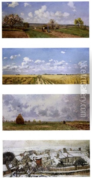 Les Quatre Saisons: Le Printemps, L'ete, L'automne, L'hiver (4 Works) Oil Painting - Camille Pissarro