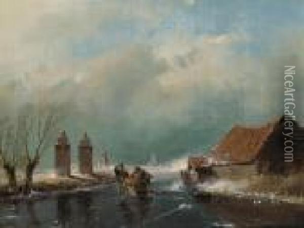 A Windy Day On A Dutch Waterway Oil Painting - Andreas Schelfhout