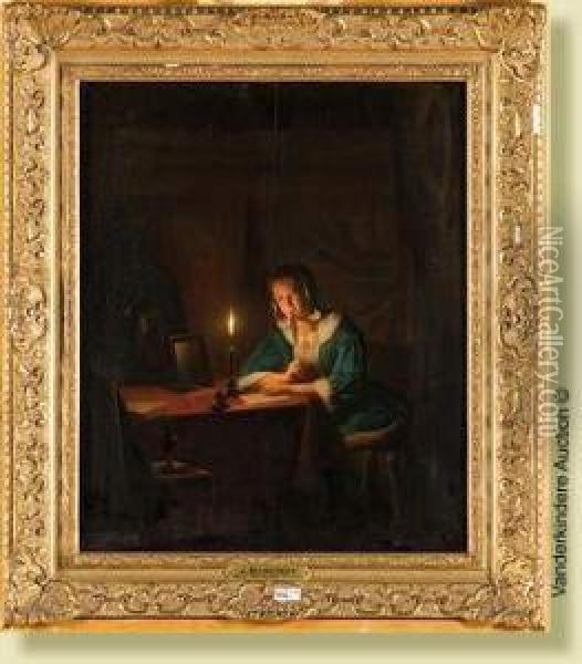 Jeune Fille Ecrivant Une Lettre A La Lueur Dela Bougie Oil Painting - Johannes Rosierse