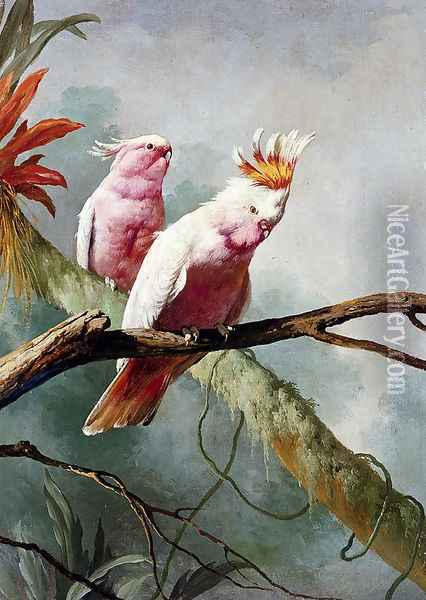 A Pair Of Leadbeaters Cockatoos Oil Painting - Jacques Barraband