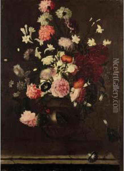 A Still Life Of Roses, Carnations, And Various Other Flowers In An Urn On A Stone Ledge Oil Painting - Karel Van Vogelaer, Carlo Dei Fiori