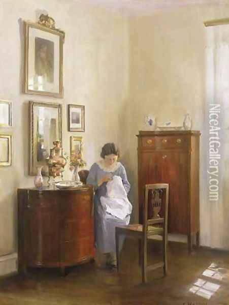 Interior with Lady Sewing Oil Painting - Carl Vilhelm Holsoe
