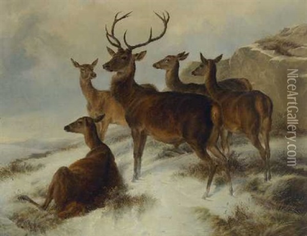 Hirschrudel In Winterlandschaft Oil Painting - Johannes Christian Deiker