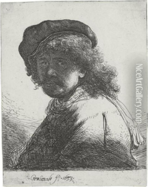 Self Portrait In A Cap And Scarf
 With The Face Dark: Bust (b., Holl. 17; H. 108; Bb. 33-g) Oil Painting - Rembrandt Van Rijn