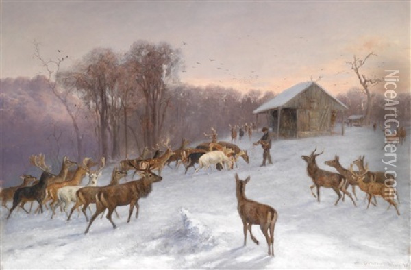 Futterung Von Dam- Und Rotwild Im Winter Oil Painting - Wilhelm M. Richter
