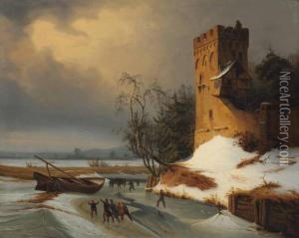 Skating On A Winter Waterway Oil Painting - Leopold Till