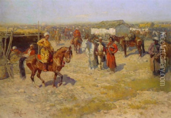 Pferdemarkt Im Kaukasus Oil Painting - Franz Roubaud