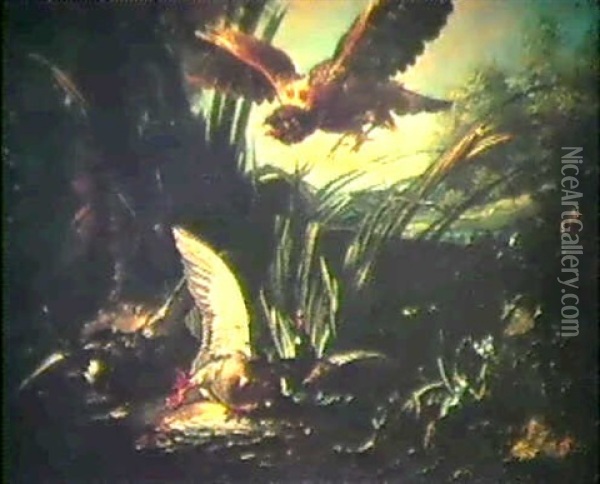 Hawk Attacking Two Mallard Ducks Oil Painting - Jean-Baptiste Oudry