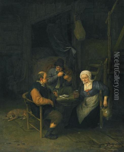 An Interior With Two Boors And A Woman Conversing, Smoking And Drinking At A Table Oil Painting - Adriaen Jansz. Van Ostade