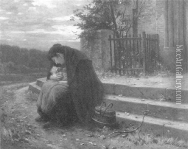 Ein Junge Mutter Sitzt Mit Ihrem Kind Auf Einer Kirchentreppe Oil Painting - Carl Konrad Julius Hertel