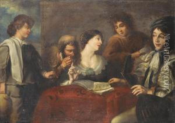 Interior With An Elegant Company Drinking And Playing Music Oil Painting - Jan Cossiers