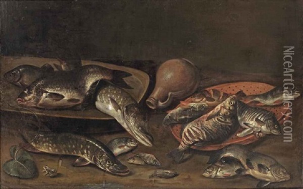 Various Fish On Platters, An Earthenware Jug, And A Small Frog In The Left Foreground Oil Painting - Isaac Van Duynen