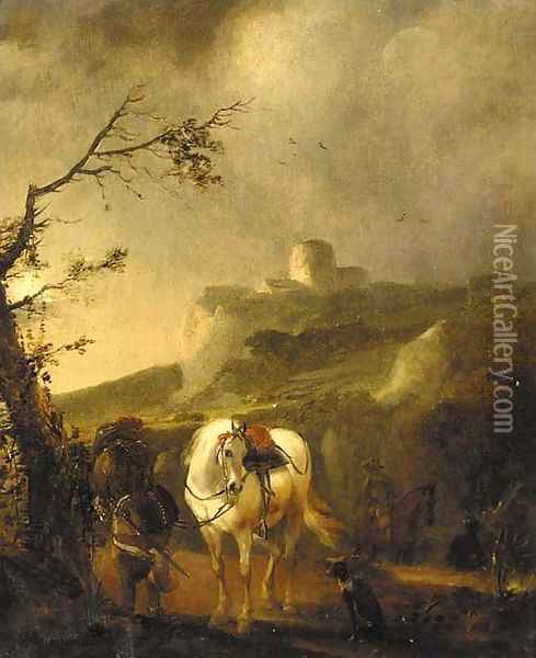 A landscape at dusk with a cavalier beside his mount Oil Painting - Philips Wouwerman