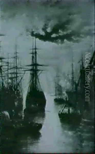 A Forest Of Masts By Moonlight On The Thames Oil Painting - Francis Moltino