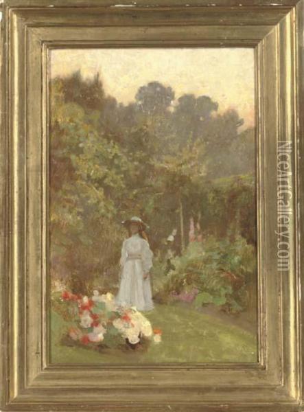 Lady In A Garden Oil Painting - Benjamin Haughton