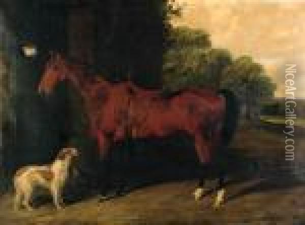 A Saddled Bay Hunter, With Dogs Outside A Stable Oil Painting - Byron Webb