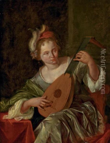 A Lady Playing A Lute Oil Painting - Jacob Van Toorenvliet