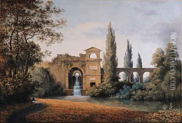 A View of an Aqueduct with an artificial Waterfall, a seated draughtsman in the foreground Oil Painting - Joseph Augustus Knip