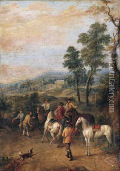 A View Of A Country Estate With Elegant Horseman In The Foreground Oil Painting - Jan Peeter Verdussen