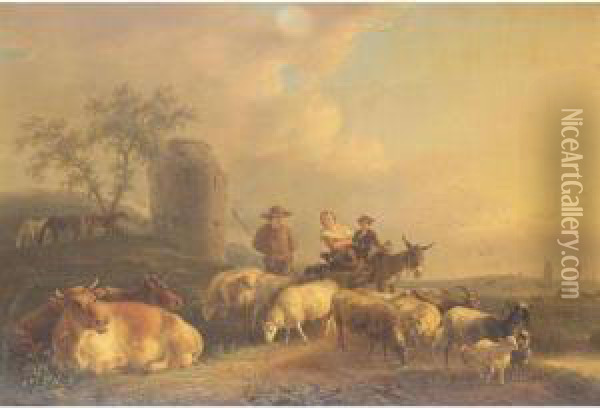 Dutch Landscape With Drover And Sheep Oil Painting - Jean-Baptiste De Roy
