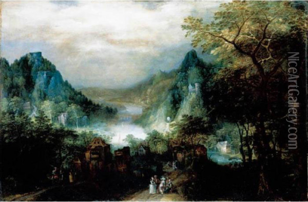 A Mountainous River Landscape With Elegant Figures On The Approaches To A Village Oil Painting - David Vinckboons