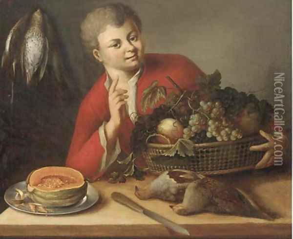 A boy holding a basket of grapes and peaches by a table with partridges and half a melon Oil Painting - German School