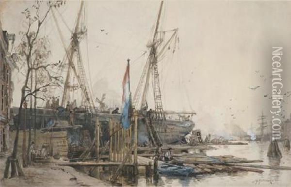 A Busy Dutch Harbor Oil Painting - Johann Hendrik Van Mastenbroek
