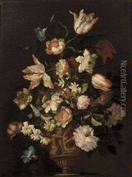 Tulips, Morning Glory, Roses And Other Flowers In A Sculpted Vase Oil Painting - Mario Nuzzi Mario Dei Fiori