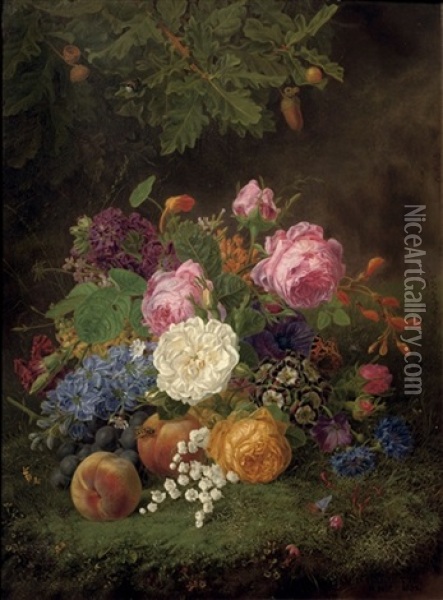 A Colourful Bouquet Of Flowers And Various Fruits On A Forest Floor Oil Painting - Henriette Gertrude Knip