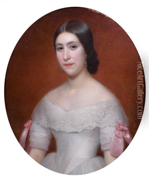 Portrait De Jeune Fille En Robe Blanche Ornee D'une Rose Oil Painting - Sophie Fremiet Rude