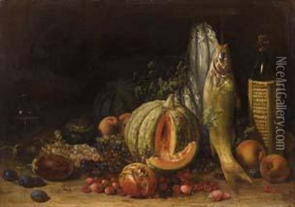 Natura Morta Con Pesci, Zucca, Frutti Ebottiglia Di Vino Oil Painting - Ignazio Manzoni