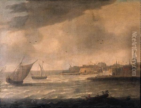 A View Of Flushing From The 
Schelde With The Windmill De Leugenaeron The Left, The Townhall And The 
Grote Kerk On The Right, Withshipping On The River Nearby, The Oude 
Waterpoort At The Entry Ofthe Harbour Beyond Oil Painting - Hieronymous Van Diest