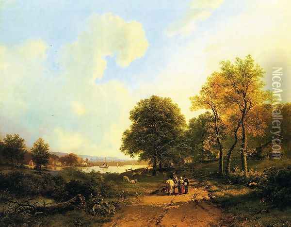 Peasants on a Path by a River Oil Painting - Barend Cornelis Koekkoek