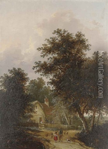 Figures Outside A Cottage (: Driving Home The Sheep; Pair) Oil Painting - Henry John Boddington