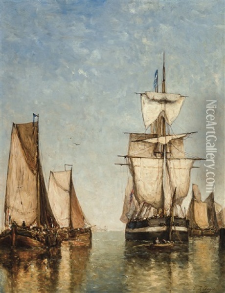 Sailing Ships On The River Scheldt Oil Painting - Paul Jean Clays