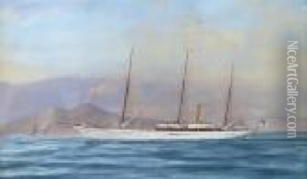 The Royal Yacht Squadron's Steam Yacht 
Aries 
 In Mediterranean Waters Off Naples Oil Painting - Antonio de Simone