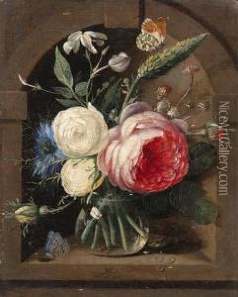 Roses, A Cornflower And 
Wildflowers In A Vase With Two Butterfliesin A Niche; And Roses, 
Bluebells And Other Flowers In A Vase With Abutterfly And Other Insects 
In A Niche Oil Painting - Caspar Pieter I Verbrugghen