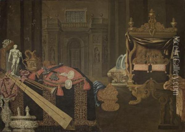 Classical Ewers, A Statue, Musical Instruments, Mirrors And Other Objects On A Draped Table Top, In A Classical Interior Oil Painting - Carlo Manieri