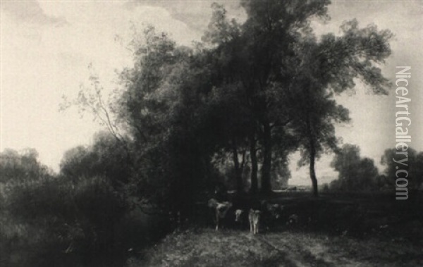 Bauernpaar Mit Ihrem Vieh In Flusslandschaft Oil Painting - Emil Hellrath