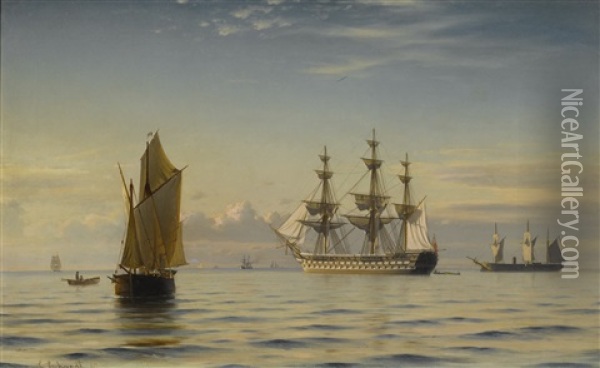 A Frigate And Other Ships On A Calm Sea Oil Painting - Christian Frederic Eckardt
