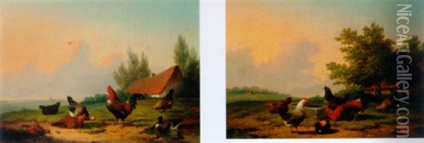 Chickens And A Duck Oil Painting - Cornelis van Leemputten