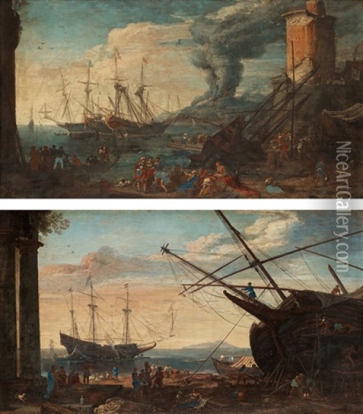 Harbour Scenes From Naples (2) Oil Painting - Adriaen Van Der Cabel