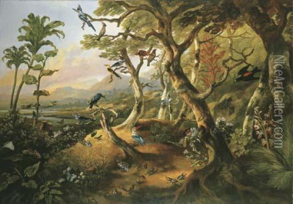 Exotic Birds And Insects Among Trees Oil Painting - Philip Reinagle