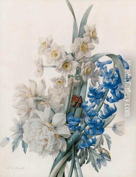 A Bunch Of Flowers Including Bluebells, Daffodils, And An Admiralbutterfly Oil Painting - Pierre-Joseph Redoute