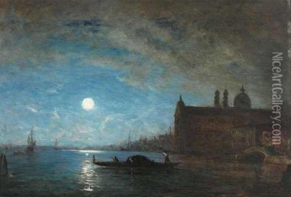 Gondole Devant Les Gesuati, Au Clair De Lune Oil Painting - Felix Ziem