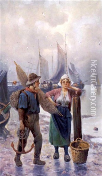 Nuori Kalastaja Ja Tytto (young Fisherman With A Girl) Oil Painting - Adolf (Constantin) Baumgartner-Stoiloff